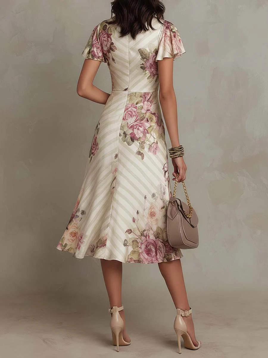 Alba – Elegant Retro Floral Satin Midi Dress