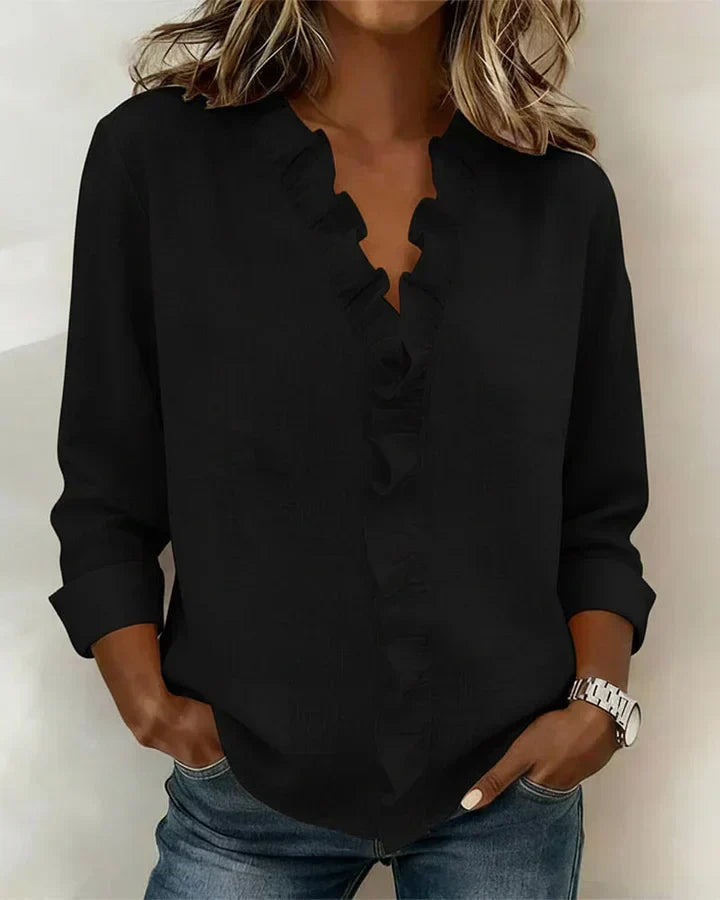 Chiara™ | Blouse with a V-neckline and delicate ruffle details