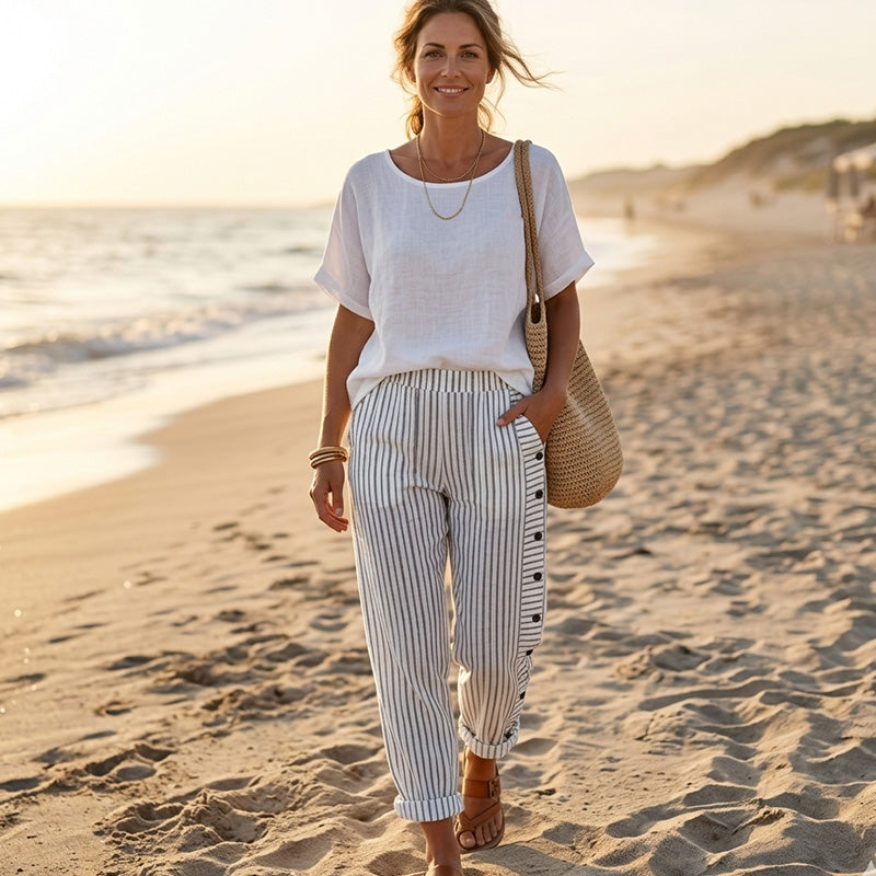 Comfortable Blue Striped Trousers with Side Pockets