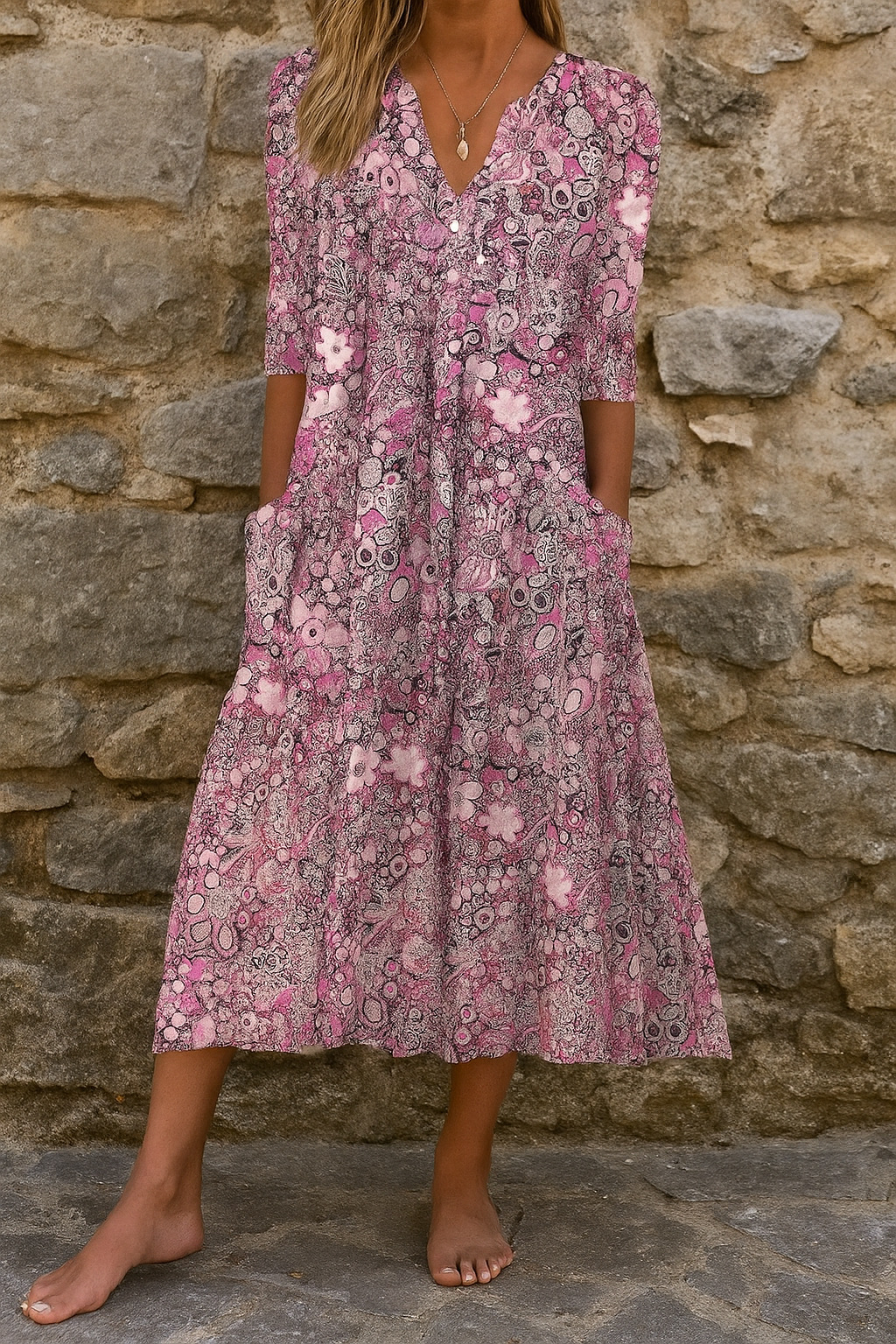 Élise | Printed V-Neck Midi Dress