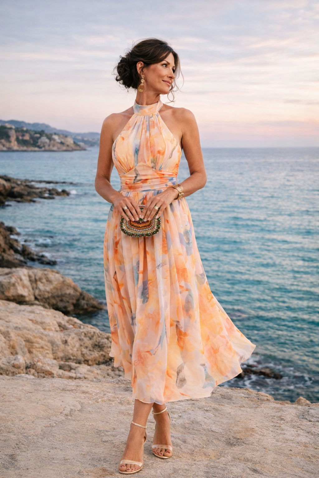 Aurora | Watercolor Print Halter Neck Dress