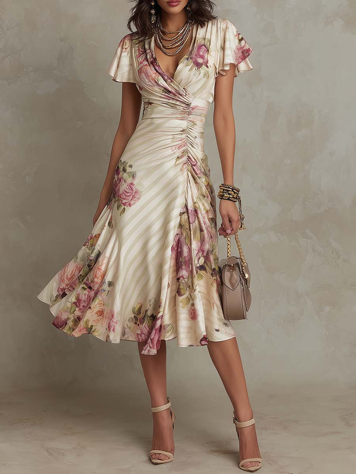 Alba – Elegant Retro Floral Satin Midi Dress