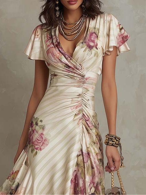 Alba – Elegant Retro Floral Satin Midi Dress