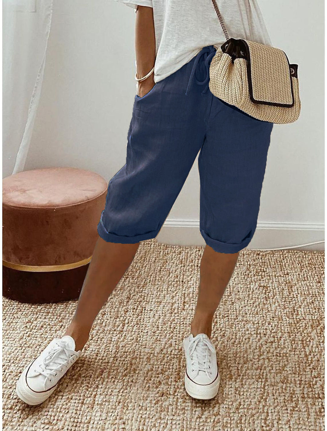 Casual Cotton and Linen Cropped Trousers for Women