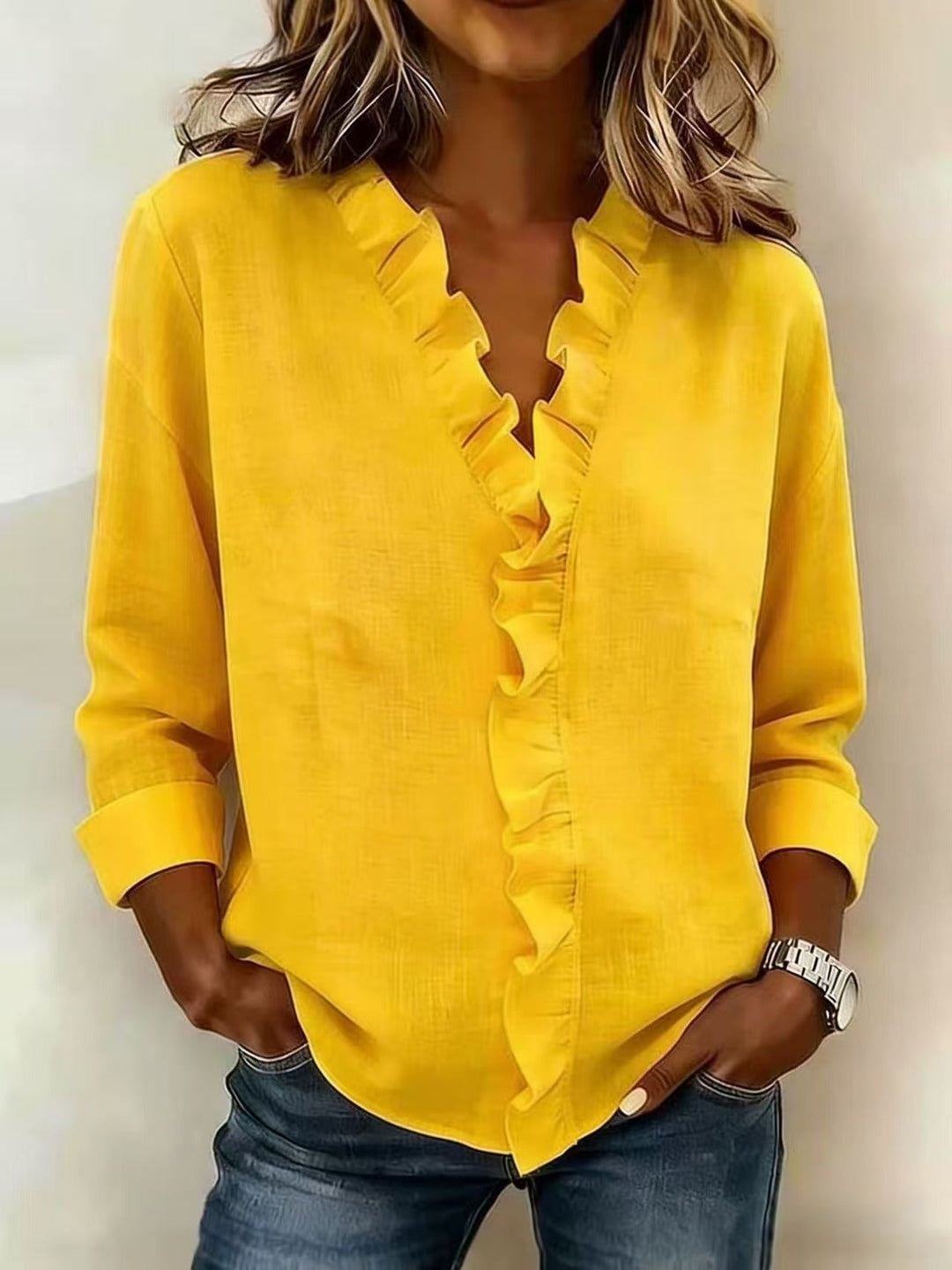 Chiara™ | Blouse with a V-neckline and delicate ruffle details