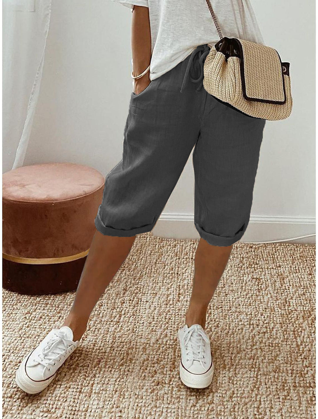 Casual Cotton and Linen Cropped Trousers for Women