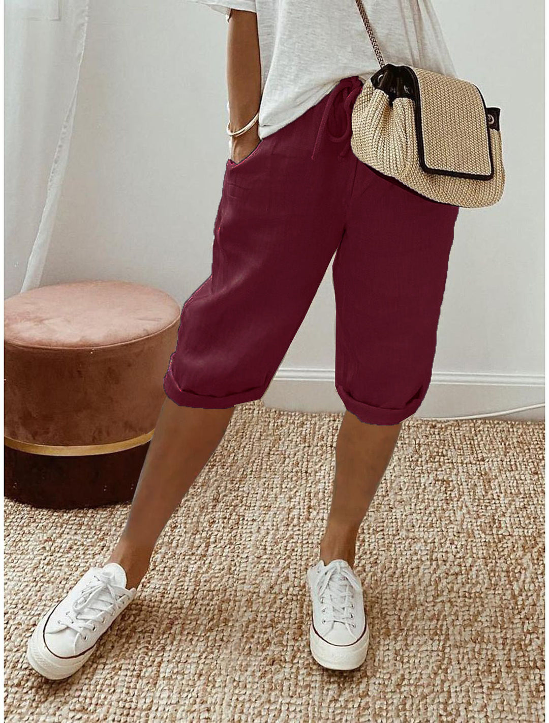 Casual Cotton and Linen Cropped Trousers for Women