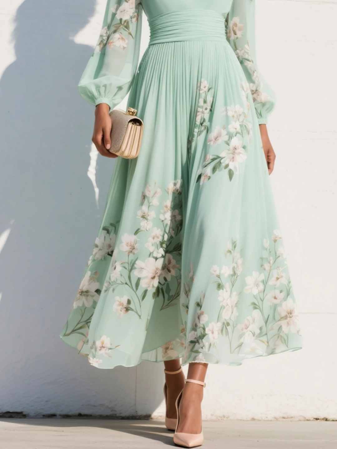 Light green chiffon midi dress with a pleated V-neckline