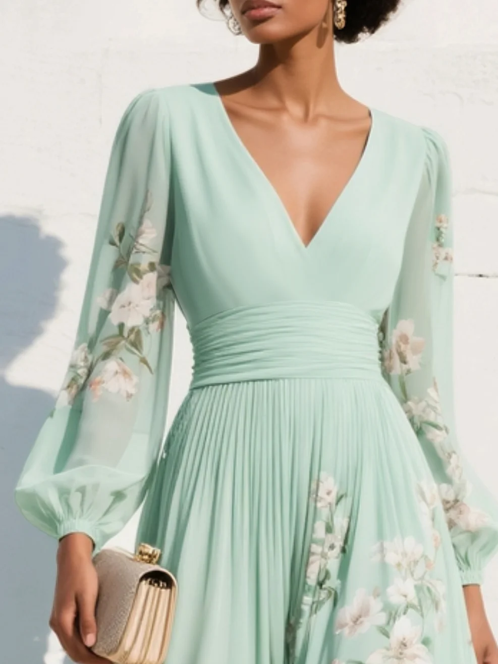 Light green chiffon midi dress with a pleated V-neckline