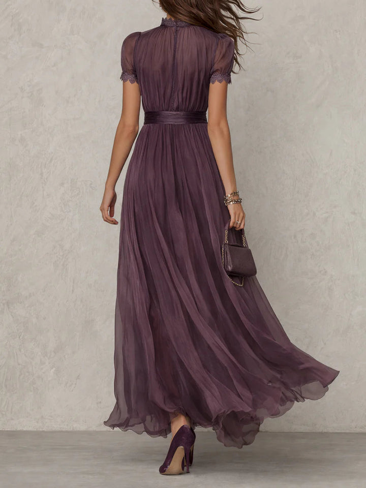 FLAVIA | Long Purple Dress Keyhole Neckline Chiffon Lace Trim