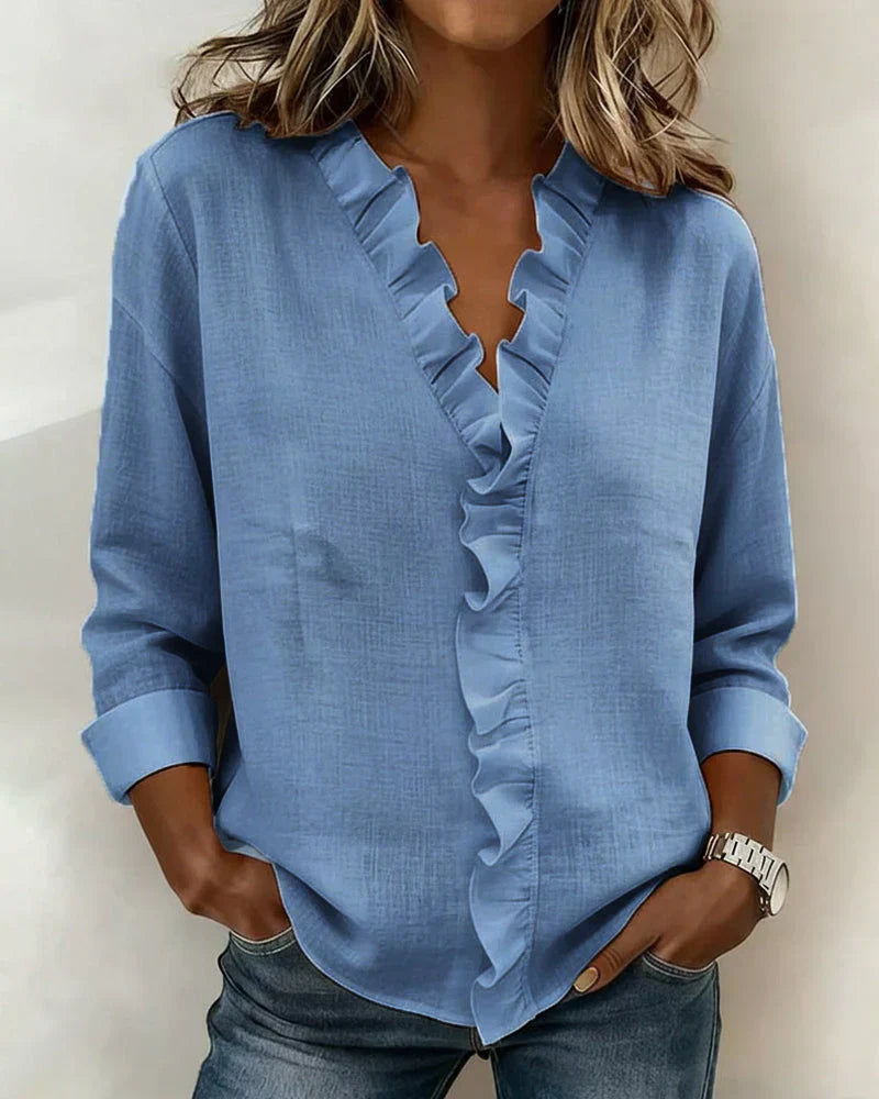 Chiara™ | Blouse with a V-neckline and delicate ruffle details