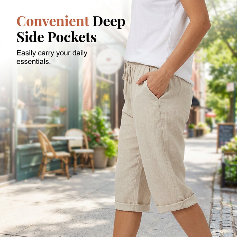 Casual Cotton and Linen Cropped Trousers for Women