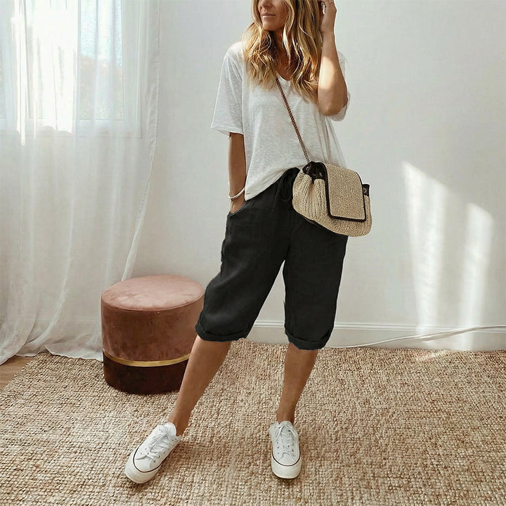 Casual Cotton and Linen Cropped Trousers for Women