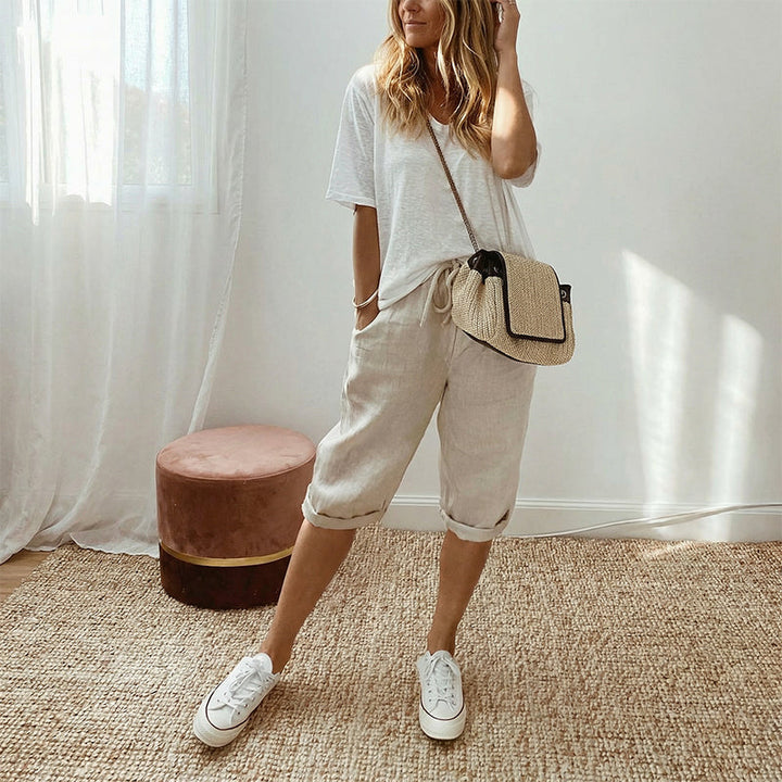 Casual Cotton and Linen Cropped Trousers for Women