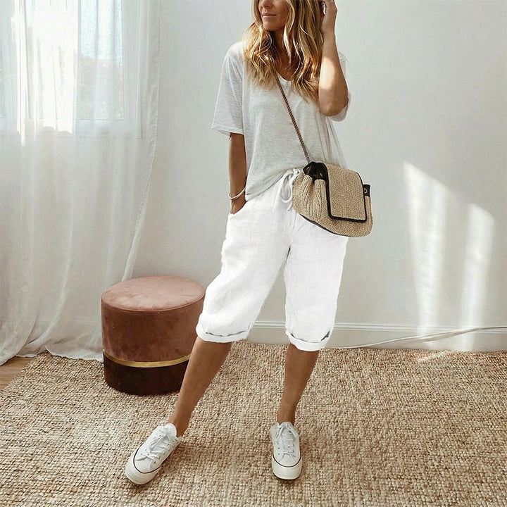 Casual Cotton and Linen Cropped Trousers for Women