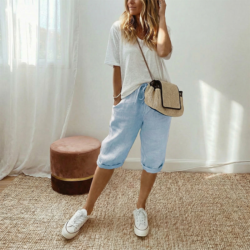 Casual Cotton and Linen Cropped Trousers for Women