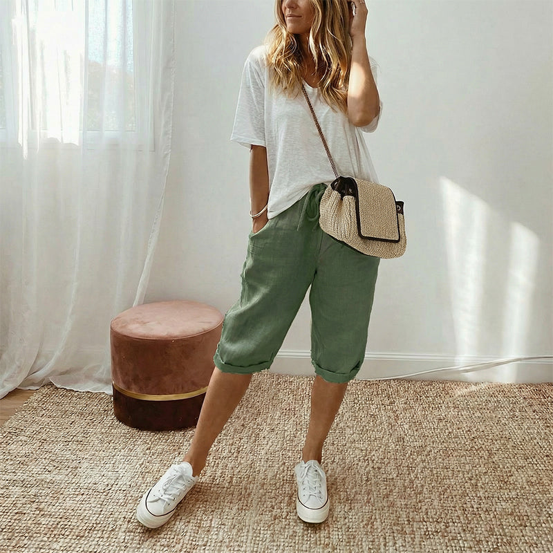 Casual Cotton and Linen Cropped Trousers for Women
